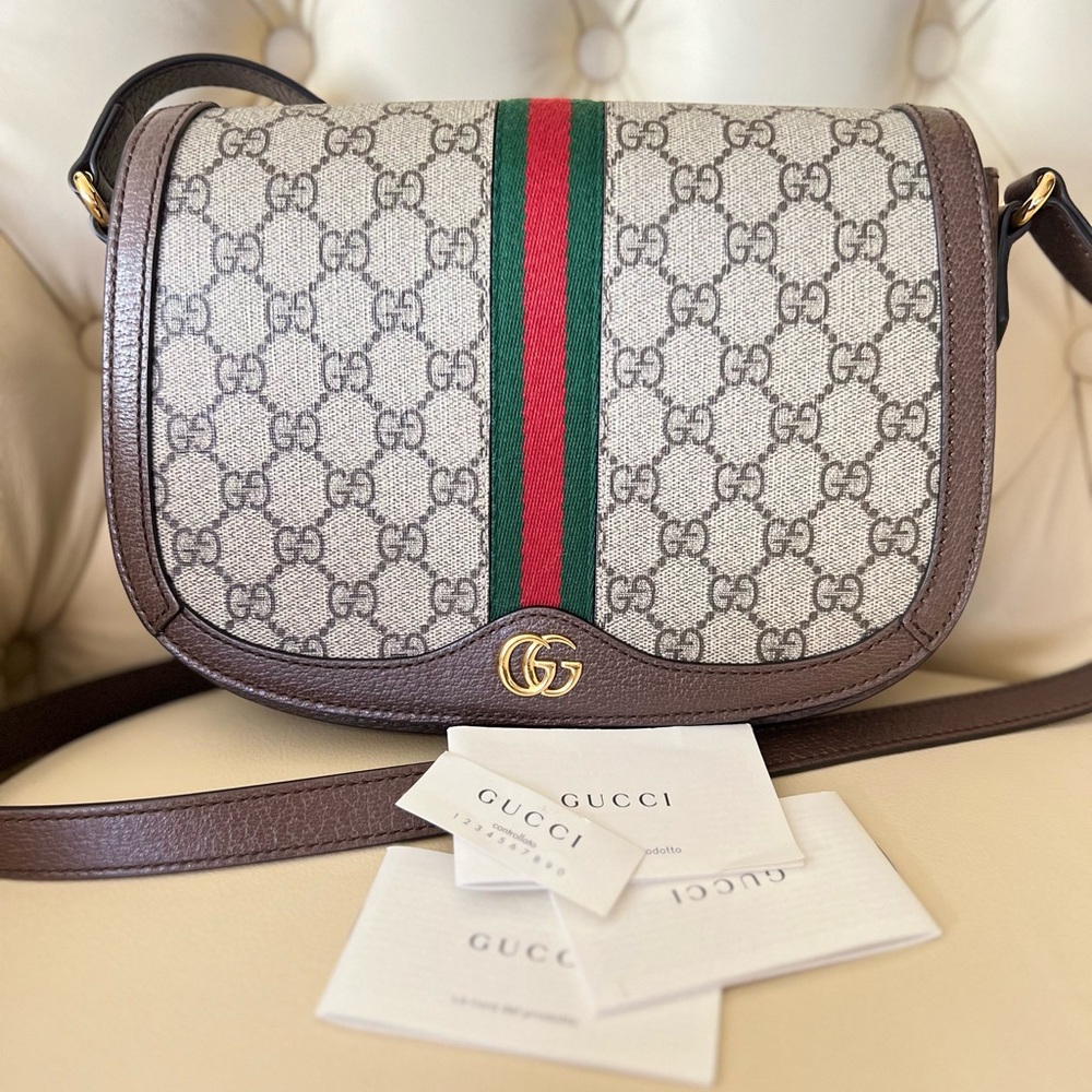 GUCCI
GG Supreme Monogram Web Small Ophidia Flap Messenger Bag Brown *EUC